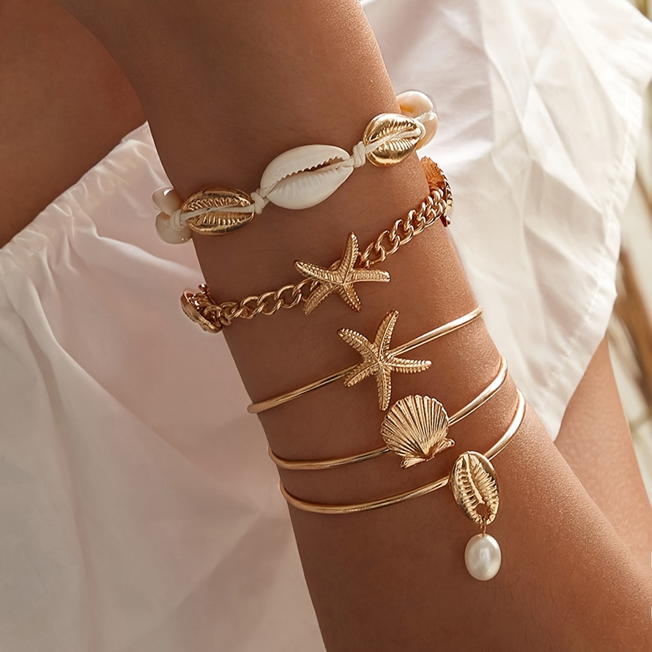 Boho Shell & Starfish Bracelet Set for Women, Beach Themed Jewelry